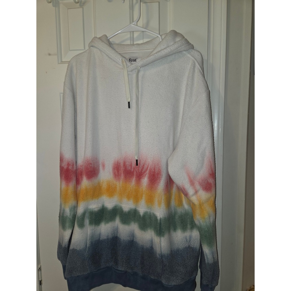 Feat Blanket Hoodie XL Womens White Rainbow Tie Dye Stripe Fuzzy Fleece Pullover